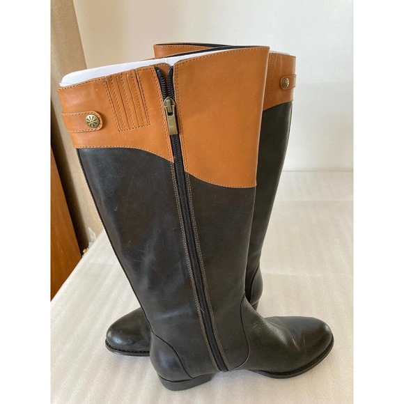 Isaac Mizrahi IMBETH Tall Riding Boots Black Cognac Size 8.5M Leather Duo Tone - Picture 8 of 9